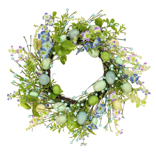 20&#x22; Flowering Blue &#x26; Green Easter Wreath